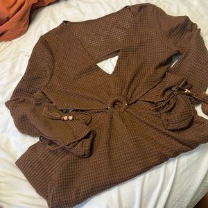 Brown Mini Dress/Swimsuit Coverup; Backless; Drawstring Details; Long Sleeve